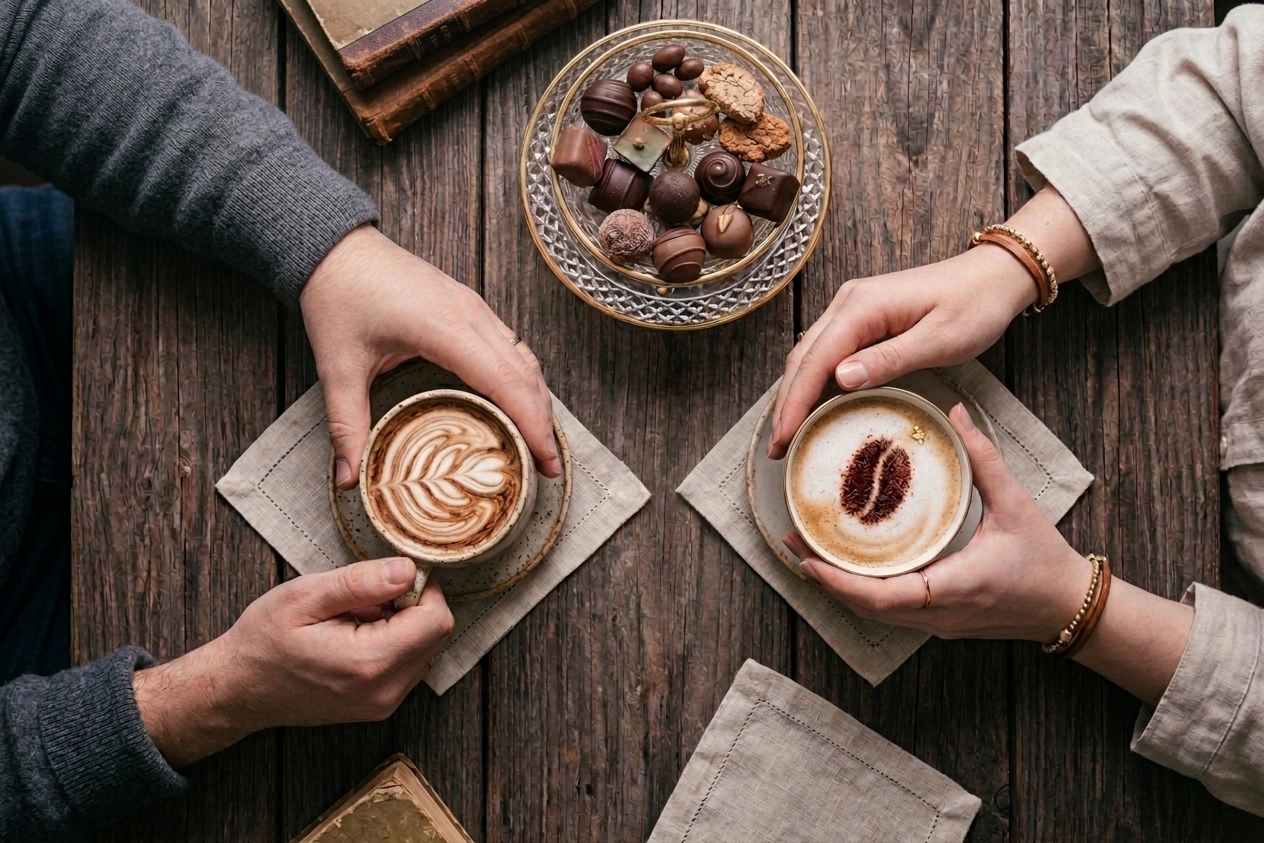 Een sfeerbeeld van een kop koffie en chocola